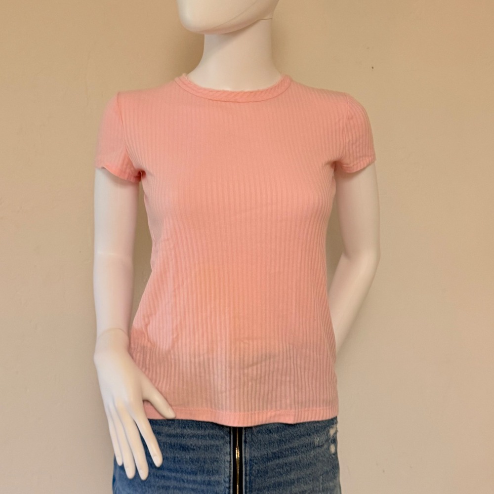 Helmut Lang Women's‎ Pink Ribbed Cotton Crew Neck Short Sleeve T-Shirt Size XS